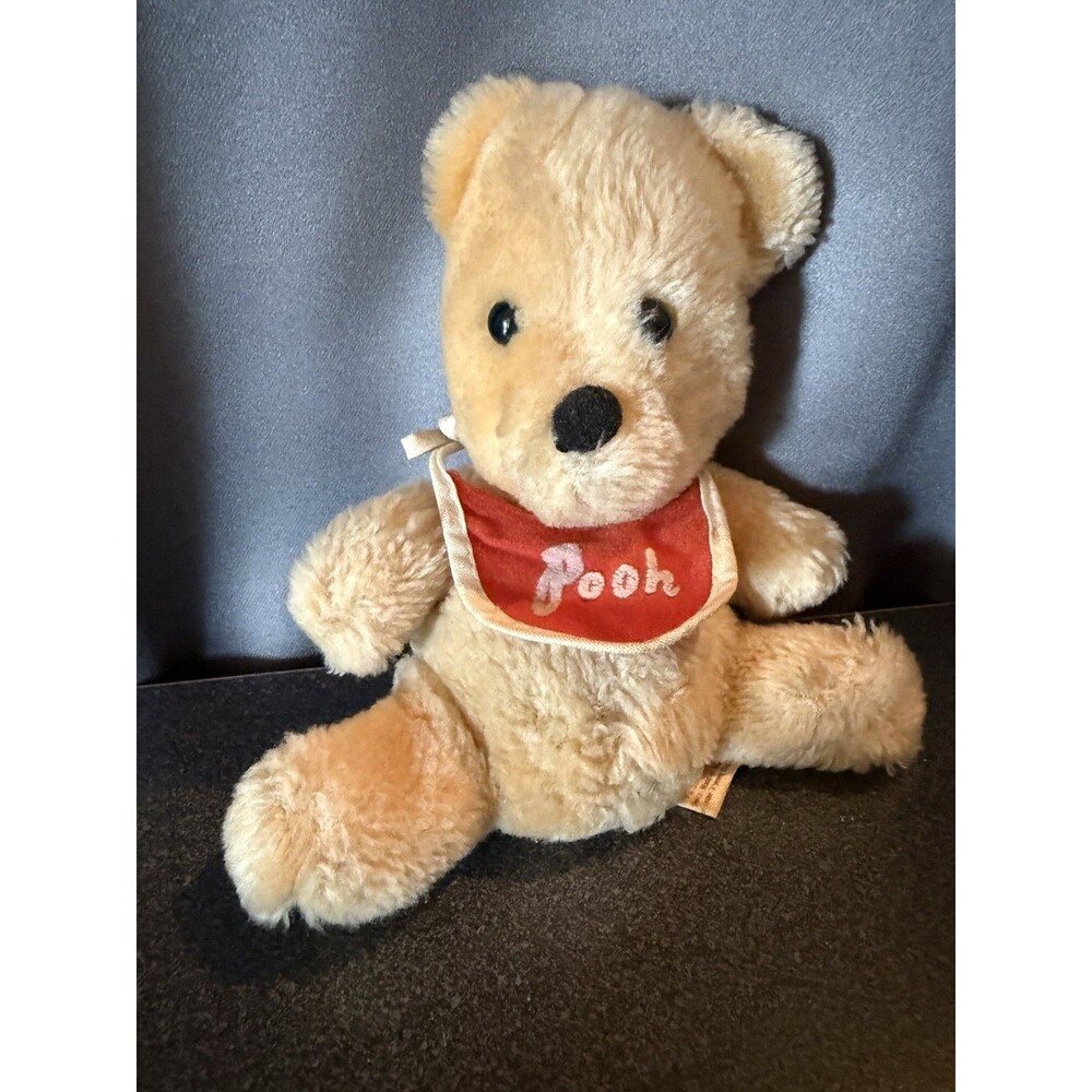 Vintage Walt Disney Productions Winnie The Pooh Plush Bear Red Bib 1970s Retro
